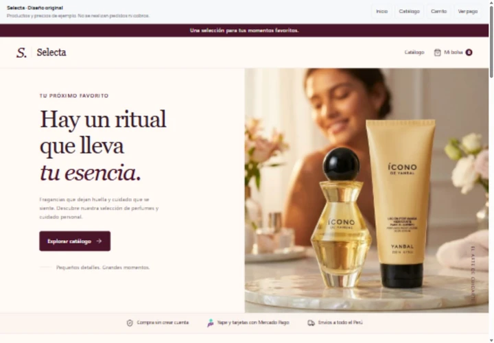 Vista de la plantilla Selecta: portada, categorías y catálogo de una tienda